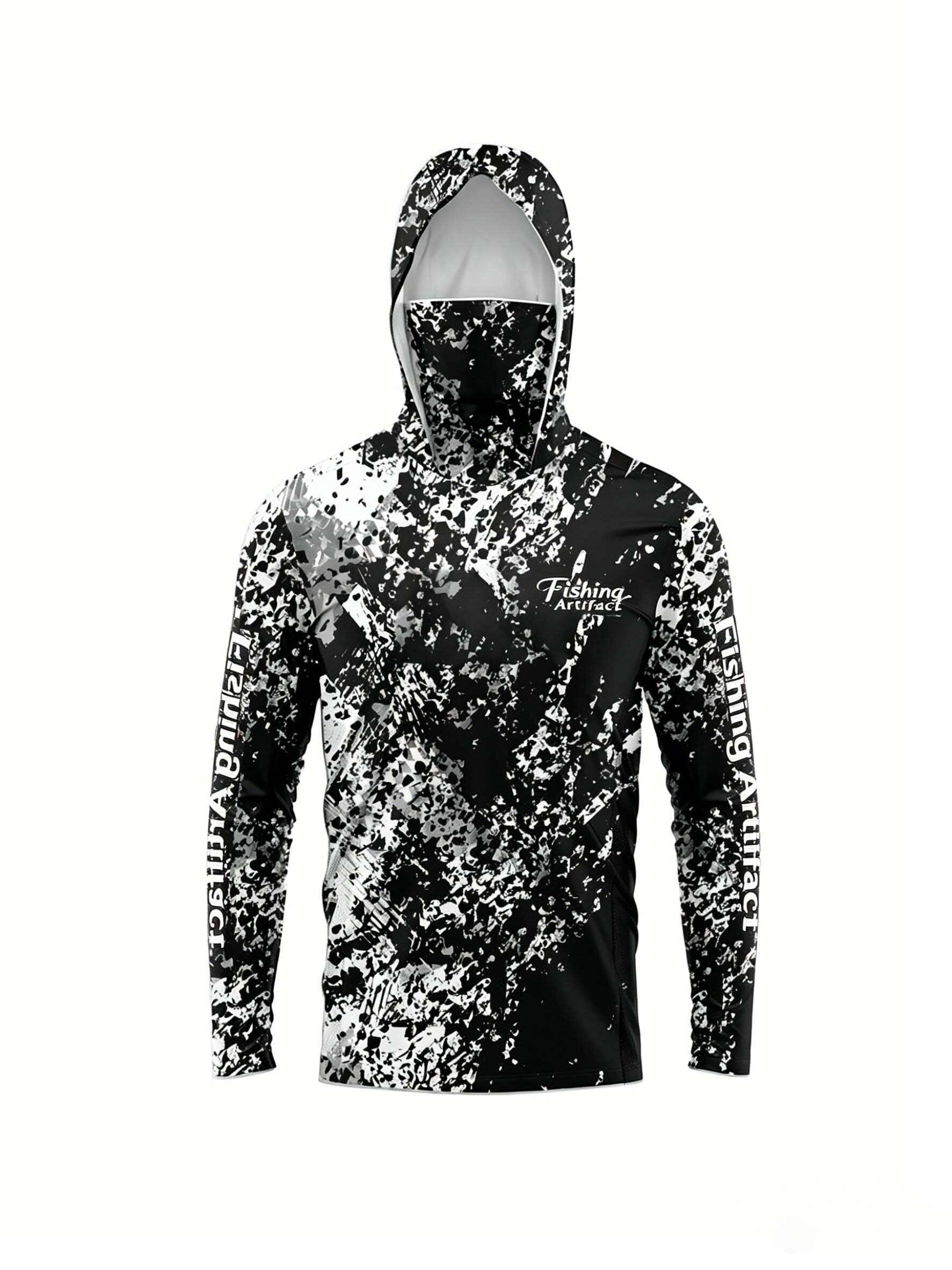 Sports Mask Breathable - เสื้อฮู้ดตกปลาสำหรับผู้ชายลายพิมพ์ 3D พร้อมหน้ากาก ลายพรางสีดำขาว แห้งเร็ว ระบายอากาศได้ดี